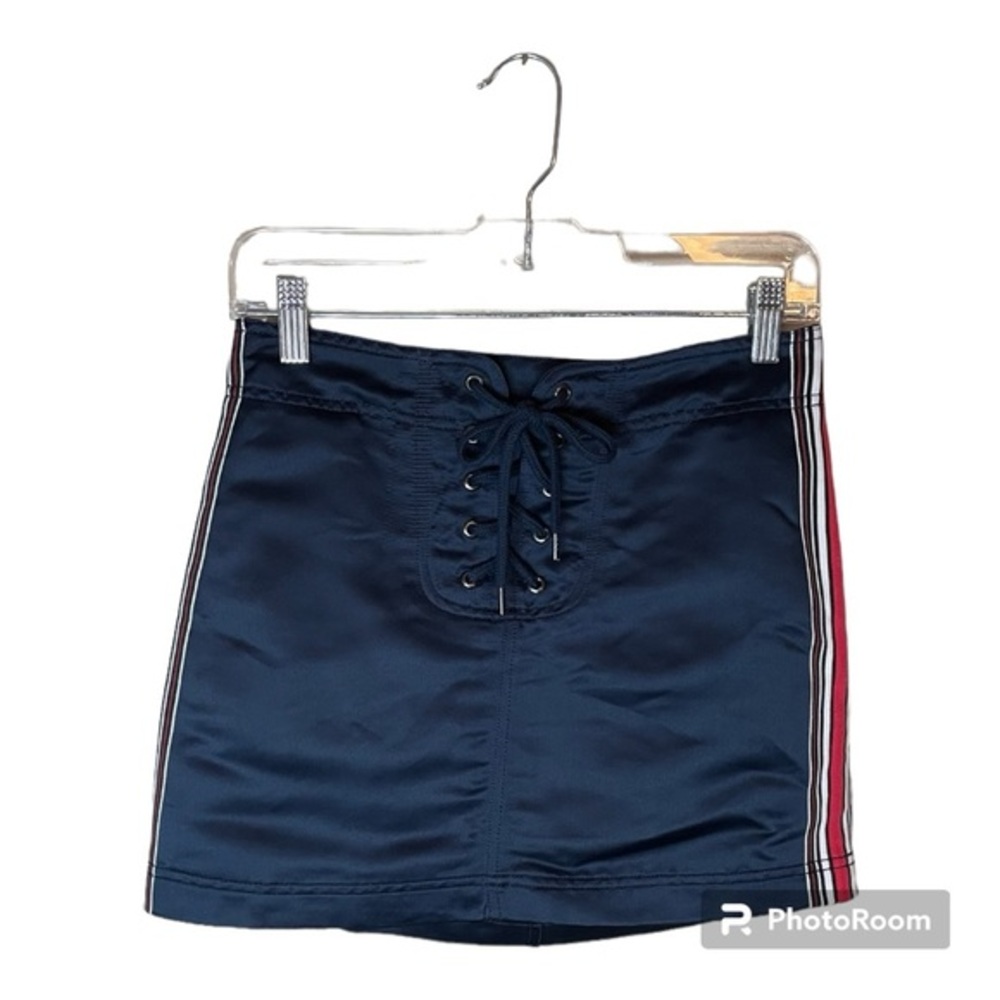 Silence + Noise Lace Up Navy Blue Mini Skirt with Red Blue Stripes Size Small